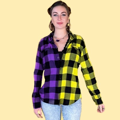 Purple and Neon Yellow Flannel - Women's Tie Dye Color Split Buffalo Plaid Shirt - image1